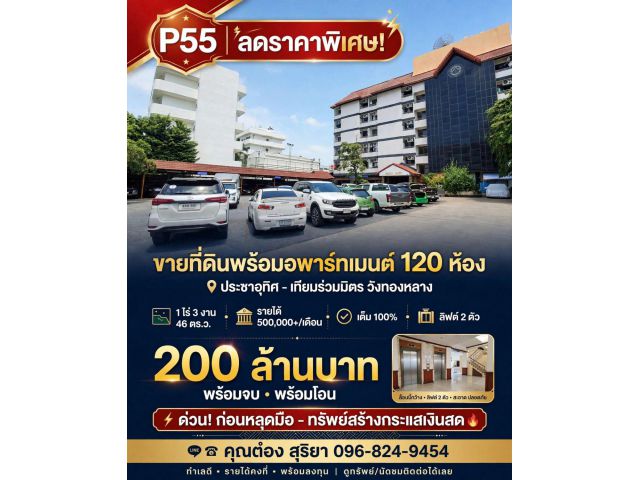 ขายที่ดินพร้อมอพาร์ทเมนต์ 120 ห้อง ย่านประชาอุทิศ–เทียมร่วมมิตร วังทองหลาง ลดราคา | พร้อมจบ พร้อมโอน | รายได้จากกิจการต่