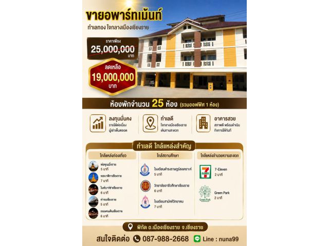 อพาร์ทเม้นท์ ใจกลางเมือง ทำเลดี ทำได้ทั้งรายวัน รายเดือน