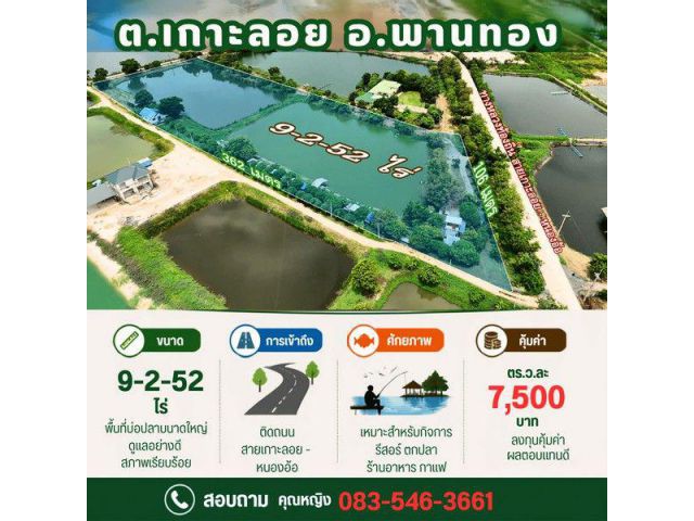ขายที่ดินบ่อปลา ขนาด 9-2-52 ไร่ บรรยากาศริมน้ำสุดชิล เกาะลอย พานทอง ชลบุรี