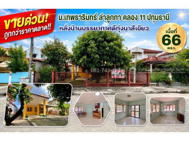 ขายบ้านเดี่ยว รังสิต คลอง 11 ม.เทพธารินทร์ เนื้อที่ 66 ตรว. ใกล้วัดสระบัว หลังบ้านโล่ง ขายถูก 2.3ล้าน