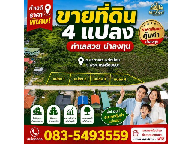 ขายที่ดิน 4แปลง ถนนโรจนะ-วังน้อย ลำตาเสา วังน้อย อยุธยา ใกล้ตลาดสี่ขวา ทางขึ้นลงมอเตอร์เวย์M6