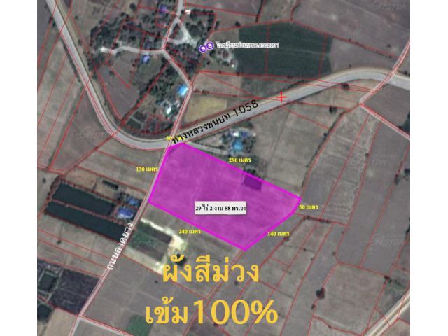 ##ขายที่ดิน 29-2-58ไร่ ผังสีม่วงเข้ม ติดถนนทางหลวงชนบทและติดถนนเทศบาล หน้ากว้างราคาไร่ละ950,000บาท