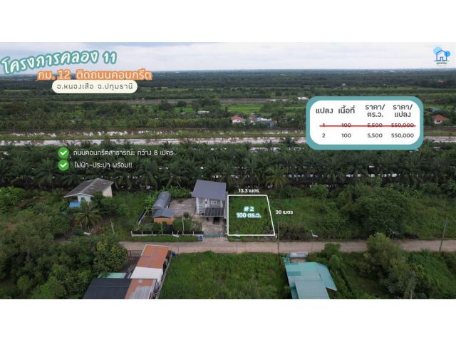 ที่ดินคลอง 11 ติดถนนคอนกรีต ไฟฟ้า ประปาพร้อม