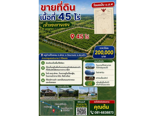 ขายที่ดิน เนื้อที่ 45 ไร่ ห่างจากชุมชนประมาณ 2 กิโลเมตร จ.สระแก้ว