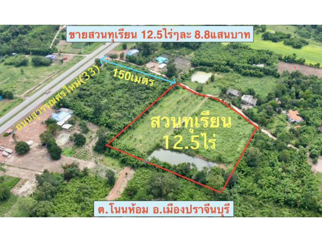 ขายสวนทุเรียน 12 ไร่ ให้ผลผลิตแล้ว ใกล้ถนนสุวรรณศรตัดใหม่ ต.โนนห้อม อ.เมือง จ.ปราจีนบุรี