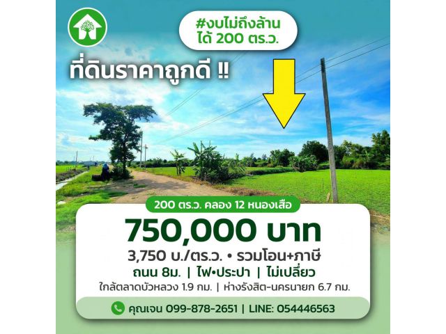 ขายที่ดิน คลอง12 หนองเสือ 200 ตรว *วิวสวย