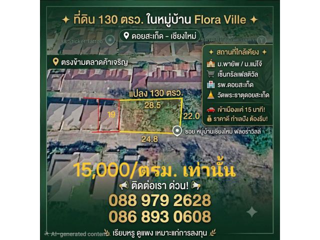 ที่ดิน 130 ตรว. หมู่บ้าน Flora Ville ดอยสะเก็ด – เชียงใหม่ ตรงข้ามตลาดค้าเจริญ