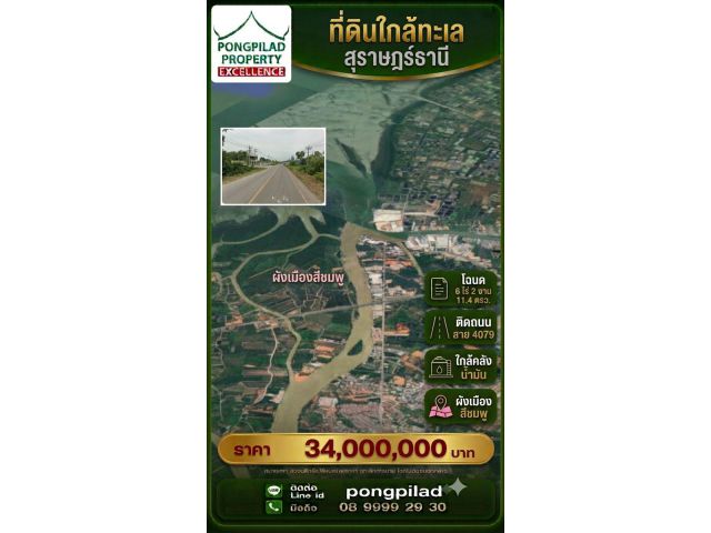 ขายที่ดินสุราษฎร์ธานี ใกล้ทะเล ใกล้คลังน้ำมัน โฉนด 6 ไร่ 2 งาน 11.4 ตรว.