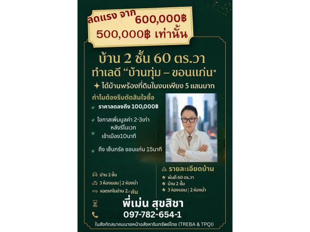 ขายที่ดินพร้อมบ้านเก่า บ้านทุ่ม ขอนแก่น 60 ตร.วา 469000 บาท