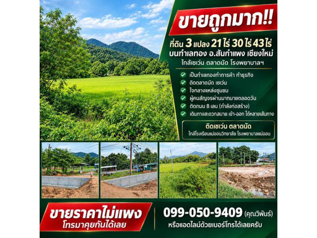 ขายถูกมาก!! ที่ดิน 3 แปลง 21ไร่ 30ไร่ 43ไร่ บนทำเลทอง อ.สันกำแพง เชียงใหม่ ใกล้เซเว่น ตลาดนัด โรงพยาบาลฯ