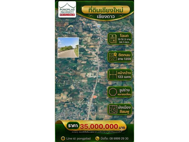 ขายที่ดินเชียงใหม่ เชียงดาว โฉนด 19 ไร่ 3 งาน 34.1 ตรว.ติดถนนลาดยาง