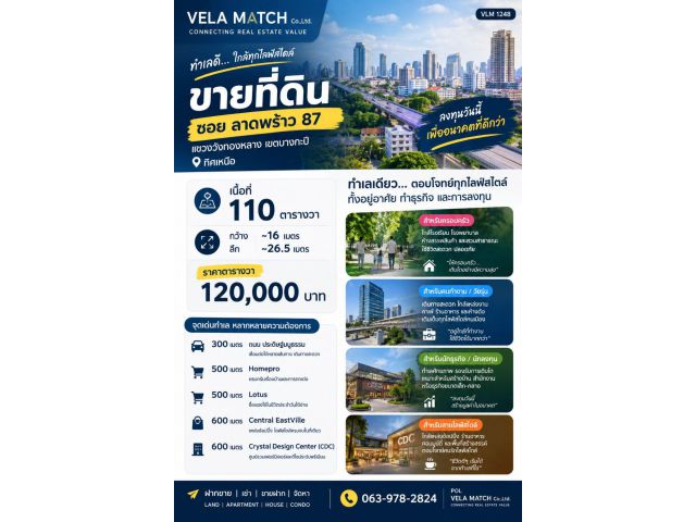VLM 1248 | ที่ดินลาดพร้าว 87 สำหรับสร้างบ้าน ใกล้ Central EastVille และ CDC