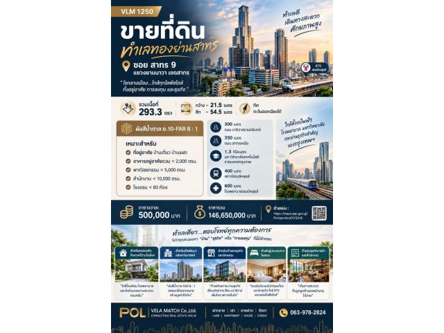 VLM 1250 | ขายที่ดินสาทร 9 ใกล้ BTS เซนต์หลุยส์ | 293.3 ตร.ว. | เหมาะพัฒนาโรงแรม / Hospitality