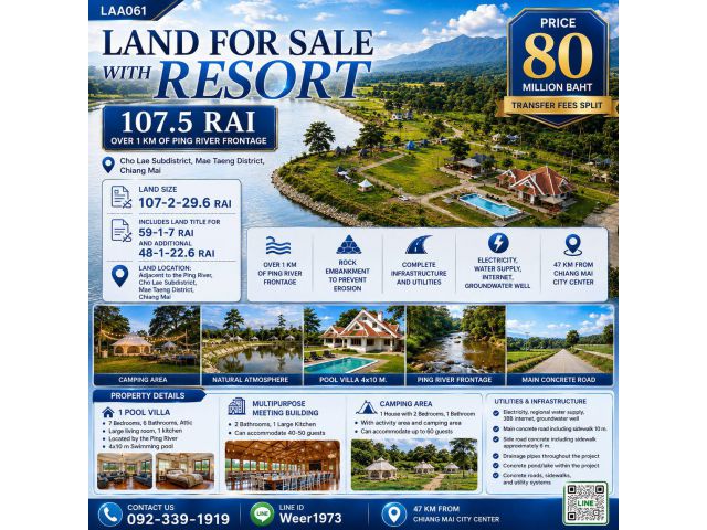 L061-Land for Sale with Resort, 107.5 Rai, Ping River frontage, Cho Lae, Mae Taeng, Chiang Mai
