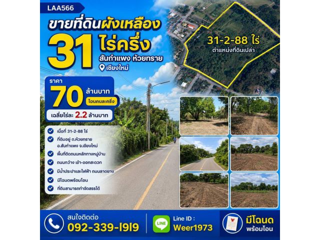 L566-ขายที่ดินผังเหลือง 31ไร่ครึ่ง เชียงใหม่ สันกำแพง ห้วยทราย