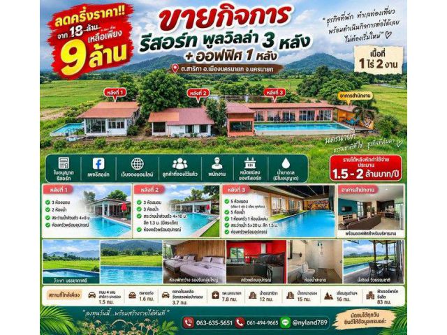 ขายกิจการรีสอร์ท พูลวิลล่า 3 หลัง ต.สาริกา อ.เมืองนครนายก