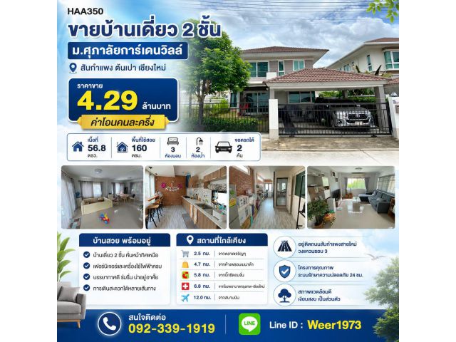 H350-ขาย บ้านเดี่ยว 2ชั้น (ม.ศุภาลัยการ์เดนวิลล์) เชียงใหม่ สันกำแพง ต้นเปา