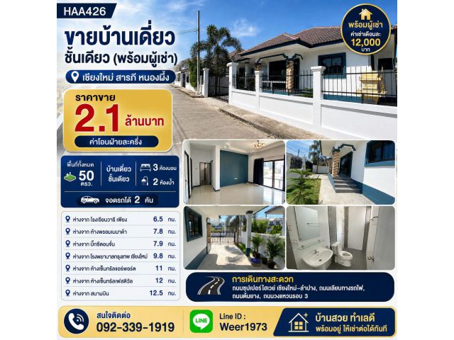 H426-ขายบ้านเดี่ยวชั้นเดียว(พร้อมผู้เช่า)  เชียงใหม่ สารภี หนองผึ้ง