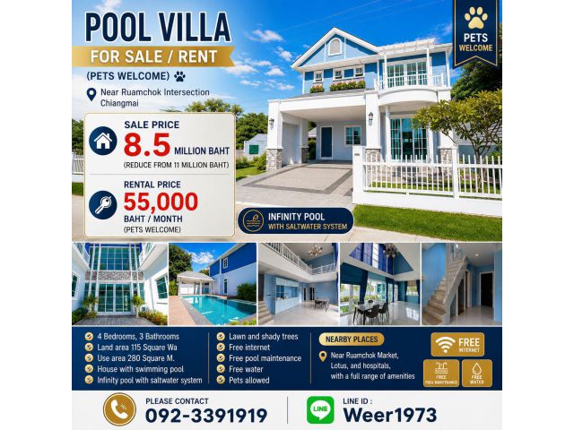 H759- Pool villa for sale/rent (Pets welcome) near Ruamchok intersection, Chiangmai, 4 bedrooms