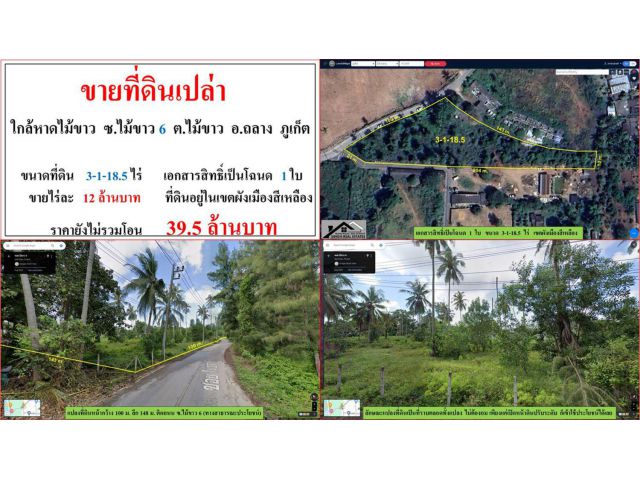 ขายที่ดินเปล่า ขนาด 3-1-18.5 ไร่ ใกล้หาดไม้ขาว ซ.ไม้ขาว 6 ต.ไม้ขาว อ.ถลาง ภูเก็ต