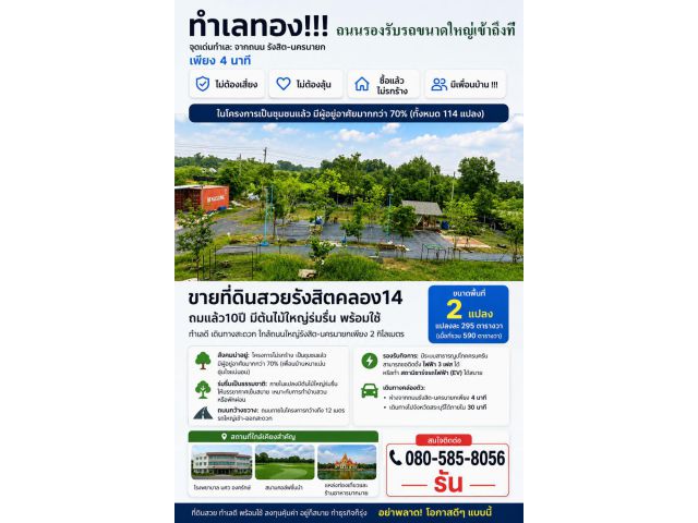 ขายที่ดินสวยรังสิตคลอง14 ถมแล้ว10ปี มีต้นไม้ใหญ่ร่มรื่น พร้อมใช้ ทำเลดี เดินทางสะดวก ใกล้ถนนใหญ่รังสิต-นครนายกเพียง 2