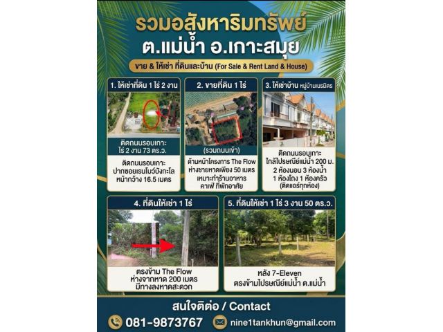รวม 5 ทรัพย์เด่น ทำเลทอง ต.แม่น้ำ อ.เกาะสมุย — มีทั้งขายและให้เช่า รองรับทุกธุรกิจและการอยู่อาศัย