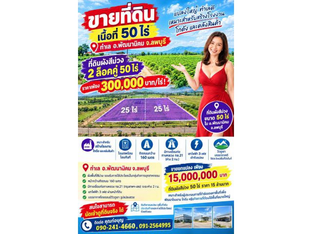 ทำเลทองอุตสาหกรรมที่ดิน 2ล็อคคู่ 50 ไร่ "ผังสีม่วง" สำหรับสร้างโรงงาน --หน้ากว้างติดถนน 160 เมตร