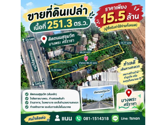 ขายที่ดินติดถนนสุขุมวิท บางพระ–ศรีราชา 251.3 ตร.ว. ทําเลค้าขาย ราคา 15.5 ลบ.