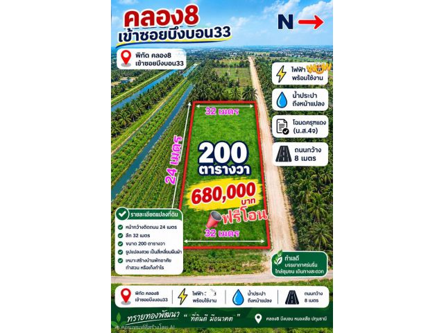 หนีน้ำจากกลุ่มมุ่งสู่ชานเมืองที่ดินคลอง 8 หนองเสือเอาอยู่.T.062-1574449