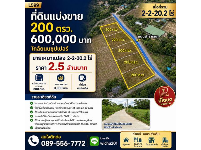 L599-ที่ดินแบ่งขาย 200 ตรว. ใกล้ถนนซุปเปอร์ (ต.แม่คำมี อ.เมืองแพร่ จ.แพร่)