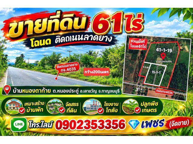 ขายที่ดินโฉนด61ไร่ ติดถนนลาดยางชนบทกจ.4035 ต.หนองประดู่ อ.เลาขวัญ จ.กาญจนบุรี
