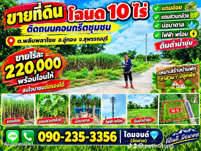 ขายที่ดินโฉนด10ไร่ ติดถนนคอนกรีตชุมชน ต.พลับพลาไชย อ.อู่ทอง จ.สุพรรณบุรี