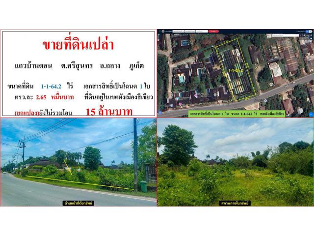 ขายที่ดินเปล่า ขนาด 1-1-64.2 ไร่ แถวบ้านดอน ต.ศรีสุนทร อ.ถลาง ภูเก็ต