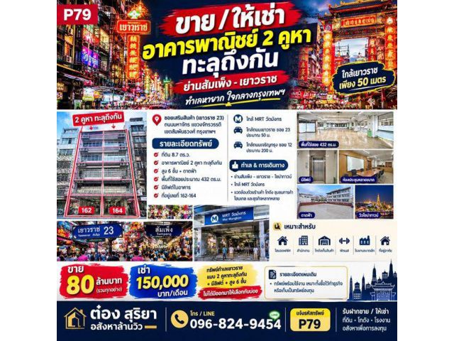 ขาย / ให้เช่า อาคารพาณิชย์ 2 คูหาทะลุถึงกัน ย่านสัมเพ็ง–เยาวราช ทำเลหายาก ใกล้เยาวราชเพียง 50 เมตร พร้อมใช้งาน