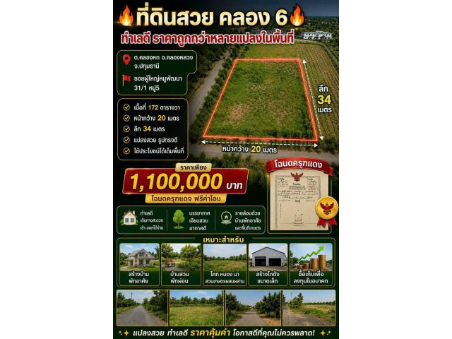 ที่ดินสวย คลอง 6 คลองหลวง ทำเลดี ราคาถูกกว่าหลายแปลงในพื้นที่ ต.คลองหก อ.คลองหลวง จ.ปทุมธานี