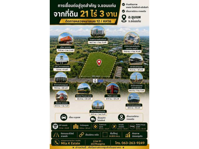 ขายที่ดิน 21 ไร่ 3 งาน ทำเลติดถนนใหญ่ 4 เลน เดินทางสะดวก ใกล้พื้นที่ของ CPF และโซนอำเภอชุมแพ ราคาเพียง 43,000,000 บาทเท่