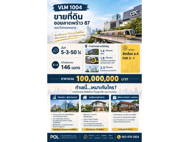 ขายที่ดิน ซอยลาดพร้าว 87 เนื้อที่ 5-3-50 ไร่