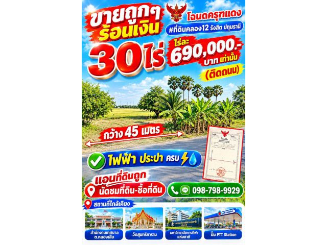 ขายถูกๆร้อนเงิน #ที่ดินคลอง12 รังสิต ปทุมธานี 30 ไร่ ไร่ละ 690,000.-บาท เท่านั้น(ติดถนน)
