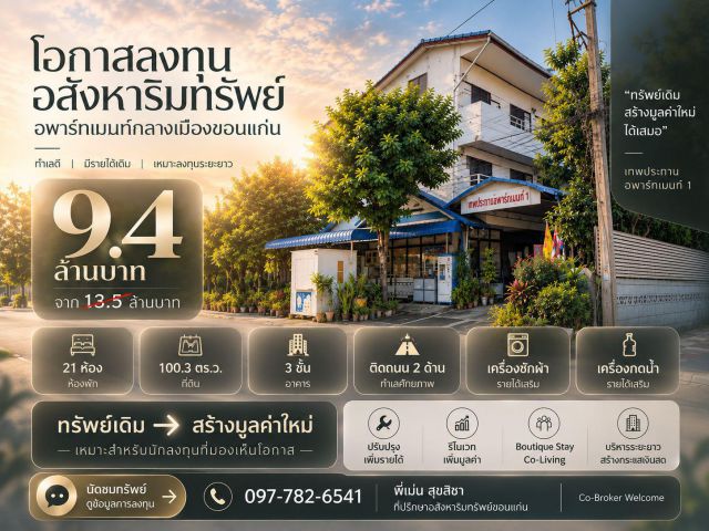 ขายอพาร์ทเมนท์กลางเมืองขอนแก่น 21 ห้อง | 100.3 ตร.ว. | 9.4 ล้านบาท