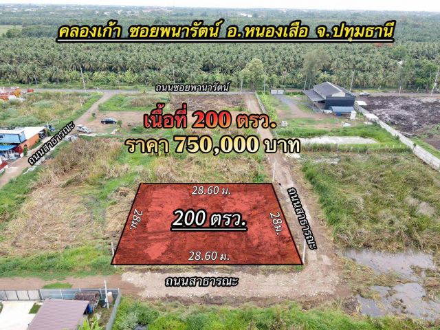ที่ดินแปลงเล็ก เหมาะทำบ้านพัก ซ.พนารัตน์คลอง 9 อ.หนองเสือ จ.ปทุมธานี เนื้อที่ 200 ตารางวา ราคา 750,000 บาท