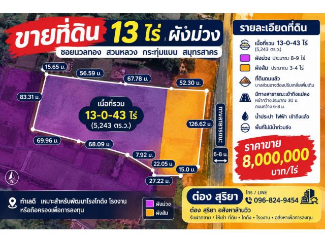 ขายที่ดิน 13 ไร่ ผังม่วง สวนหลวง กระทุ่มแบน สมุทรสาคร ที่ดินถมแล้ว พร้อมพัฒนา ราคาไม่แรง