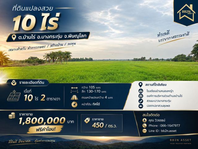 ที่ดิน 10 ไร่ ต.บ้านไร่ อ.บางกระทุ่ม จ.พิษณุโลก