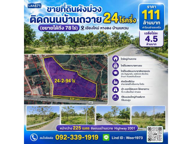 L671-ขายที่ดินผังม่วง ติดถนนบ้านถวาย 24ไร่ครึ่ง (ขยายได้ถึง 78ไร่) เชียงใหม่ หางดง บ้านแหวน