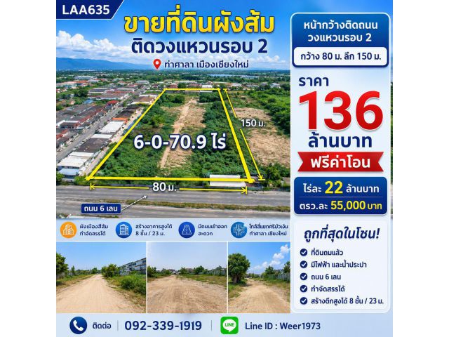 L635-ขายที่ดินผังส้ม ติดวงแหวนรอบ2 6ไร่ เชียงใหม่ เมืองเชียงใหม่ ท่าศาลา