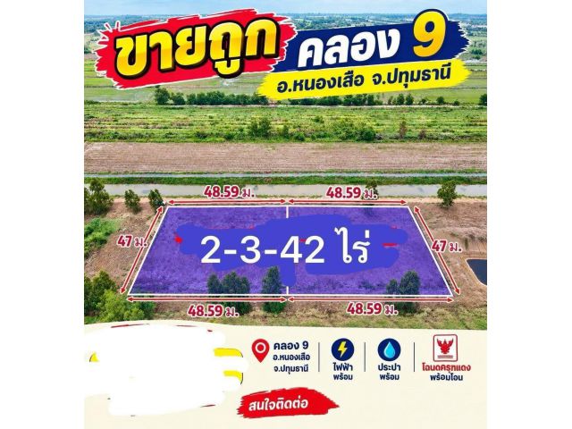 น้ำไม่ท่วมขายต่ำกว่าราคาประเมินที่คลอง 9 หนองเสือ - T.062-1574449