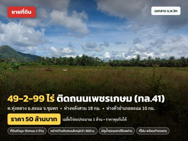 ขายที่ดิน 49-2-99 ไร่ ติดถนนเพชรเกษม (ทล.41) ที่ดินหัวมุม ติดถนน 2 ด้าน ละแม ชุมพร ราคา 50 ล้าน