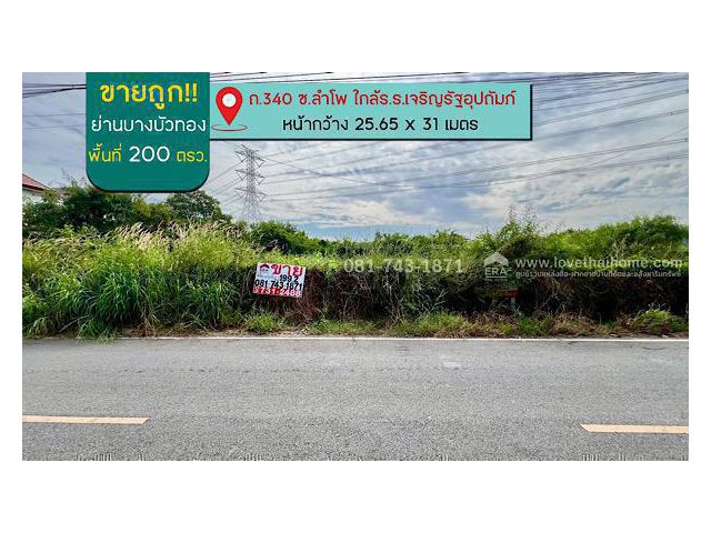 ขายที่ดินบางบัวทอง ถนน340 ซอยลำโพ พื้นที่ 200 ตรว. ใกล้ร.ร.เจริญรัฐอุปถัมภ์ ขายไม่แพง 2.99 ล้านบาทเอง อยู่ต้นซอยกำนัน