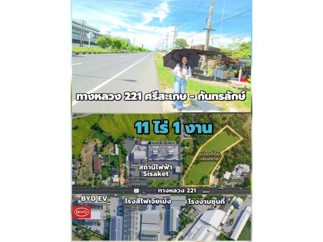 ขายที่ดินทำเลทอง อ.เมืองศรีสะเกษ 11 ไร่ หน้ากว้าง 90 ม. ติดถนน 4 เลน ใกล้ BYD และไทวัสดุ