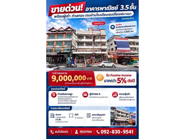 ขายตึก 3.5 ชั้น พร้อมผู้เช่า ตรงข้าม รร.เซนต์โยเซฟ ทำเลทองแบริ่ง (7-11) ซื้อแล้วรับรายได้ค่าเช่าต่อได้ทันที โทร 092-8309
