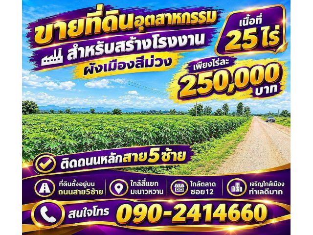 ขายด่วน! ที่ดินสีม่วงทำเลทอง 25 ไร่ ติดถนนสายหลัก ไฟสามเฟส น้ำไม่ท่วม เหมาะสร้างโรงงาน-คลังสินค้า